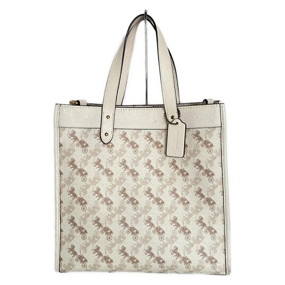Auth COACH Field Tote with Horse and Carriage print 89143 Cream Beige Brown PVC - Picture 1 of 10